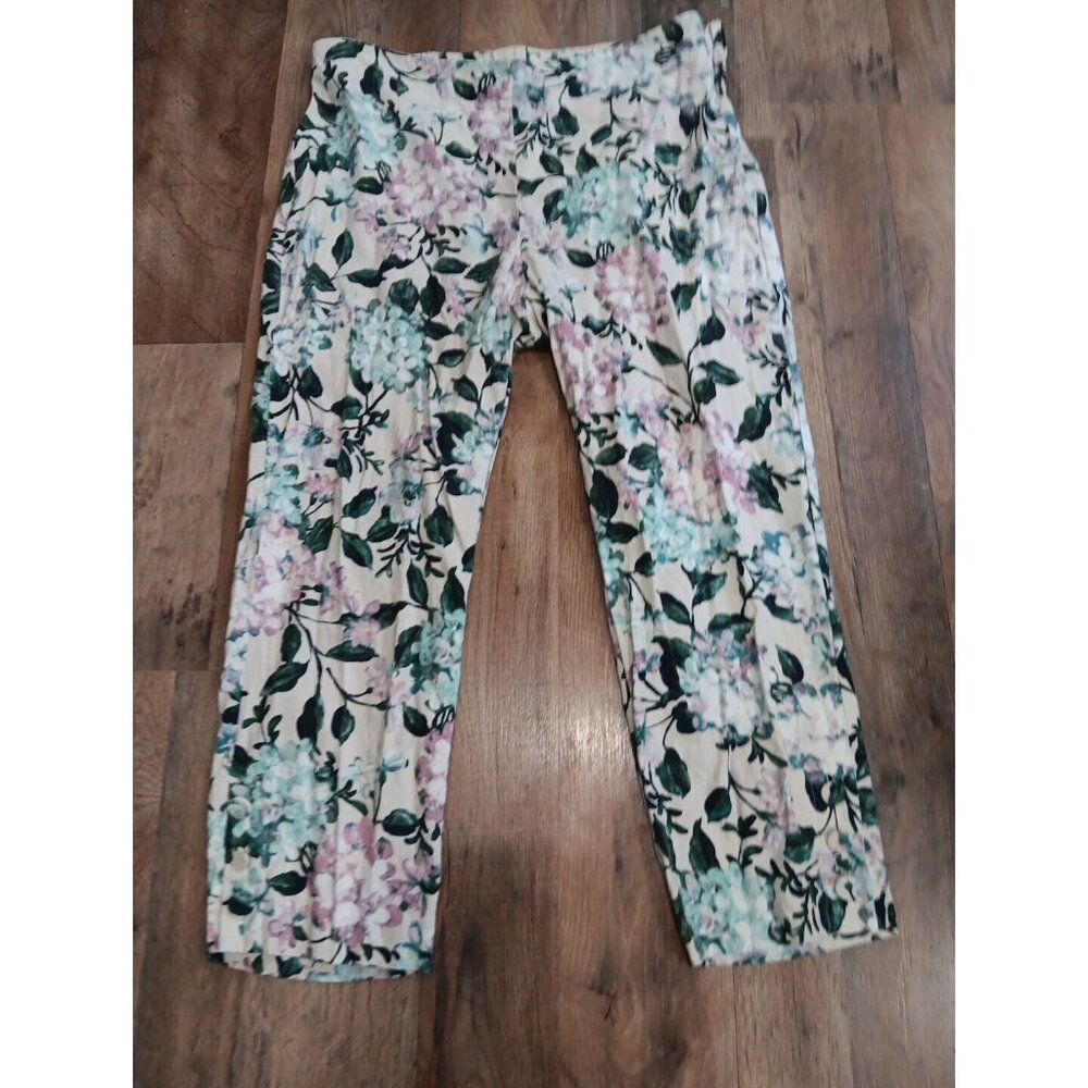 J Jill Pants Women M White Blue Floral Linen Cropped‎ Capri Elastic Waist Beachy